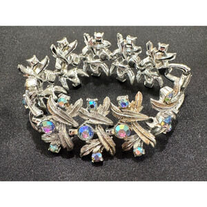 Vtg CORO Signed Bracelet Silver Tone Aurora Borealis Blue Rhinestone Wide Leaf